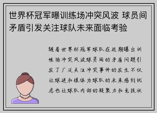 世界杯冠军曝训练场冲突风波 球员间矛盾引发关注球队未来面临考验