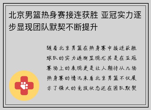 北京男篮热身赛接连获胜 亚冠实力逐步显现团队默契不断提升